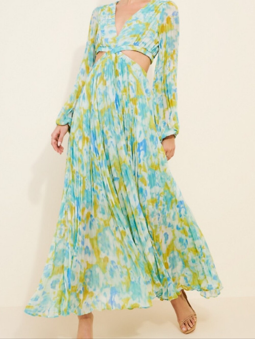 ASTR The Label Women's Revery Blue Green Abstract Maxi Long Sleeve Dress sz L